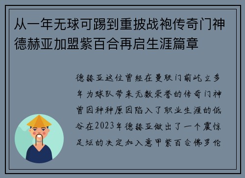 从一年无球可踢到重披战袍传奇门神德赫亚加盟紫百合再启生涯篇章 从一年无球可踢到重披战袍传奇门神德赫亚加盟紫百合再启生涯篇章