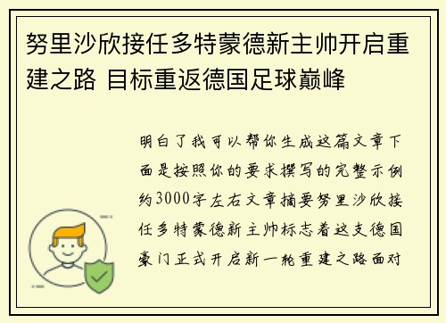 努里沙欣接任多特蒙德新主帅开启重建之路 目标重返德国足球巅峰